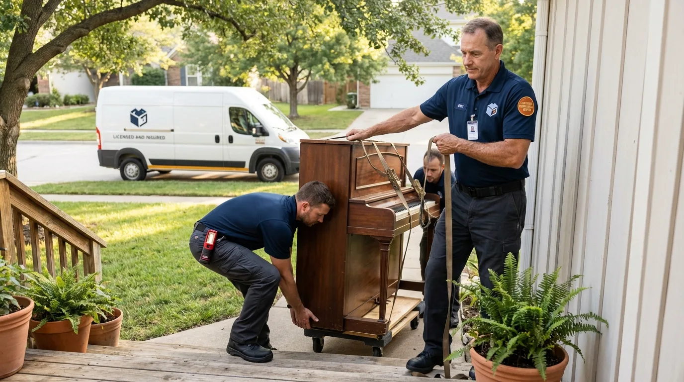 Licensed piano movers securing grand piano in Boone, IA