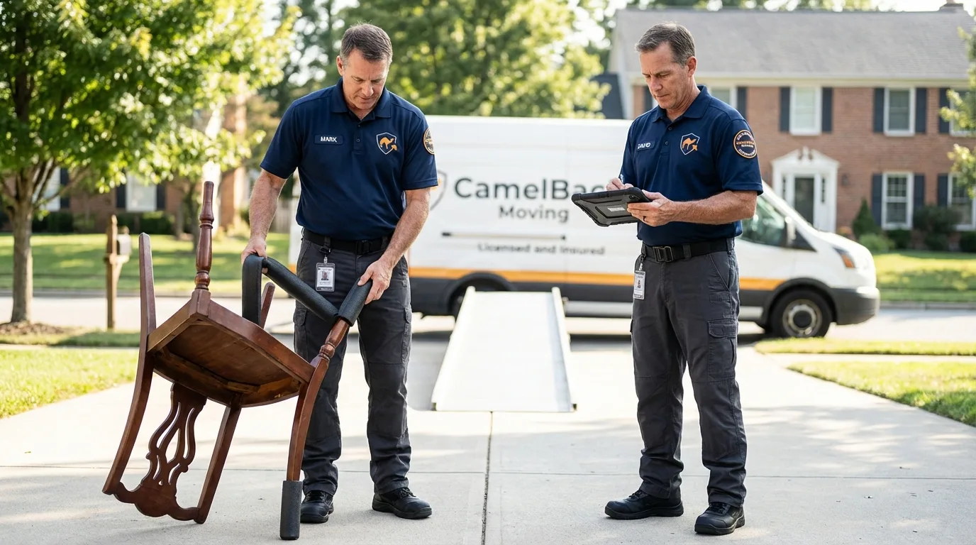 Movers inspecting furniture for damage prevention before loading in Boone, IA