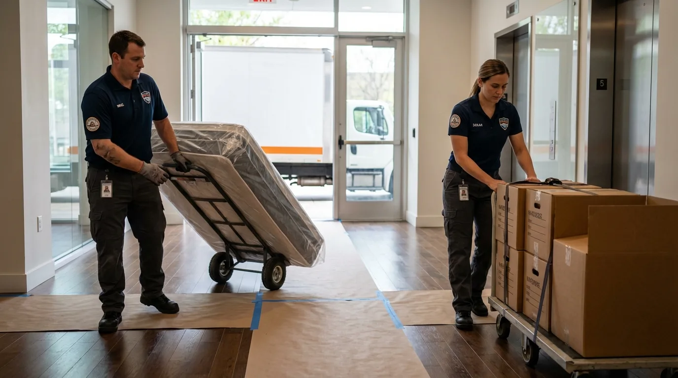 Professional apartment movers loading elevator in Boone, IA